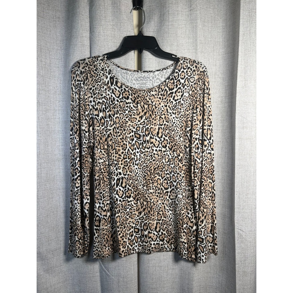Chicos The Ultimate Tee Leopard Print Long Sleeve Scoop Neck Top Size 1 M Brown